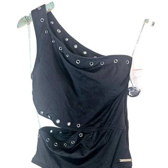 Michael Michael Kors Black Cruise 2020 One Shoulder Side Out Rivets, Sz 12, NWT - Picture 5 of 12